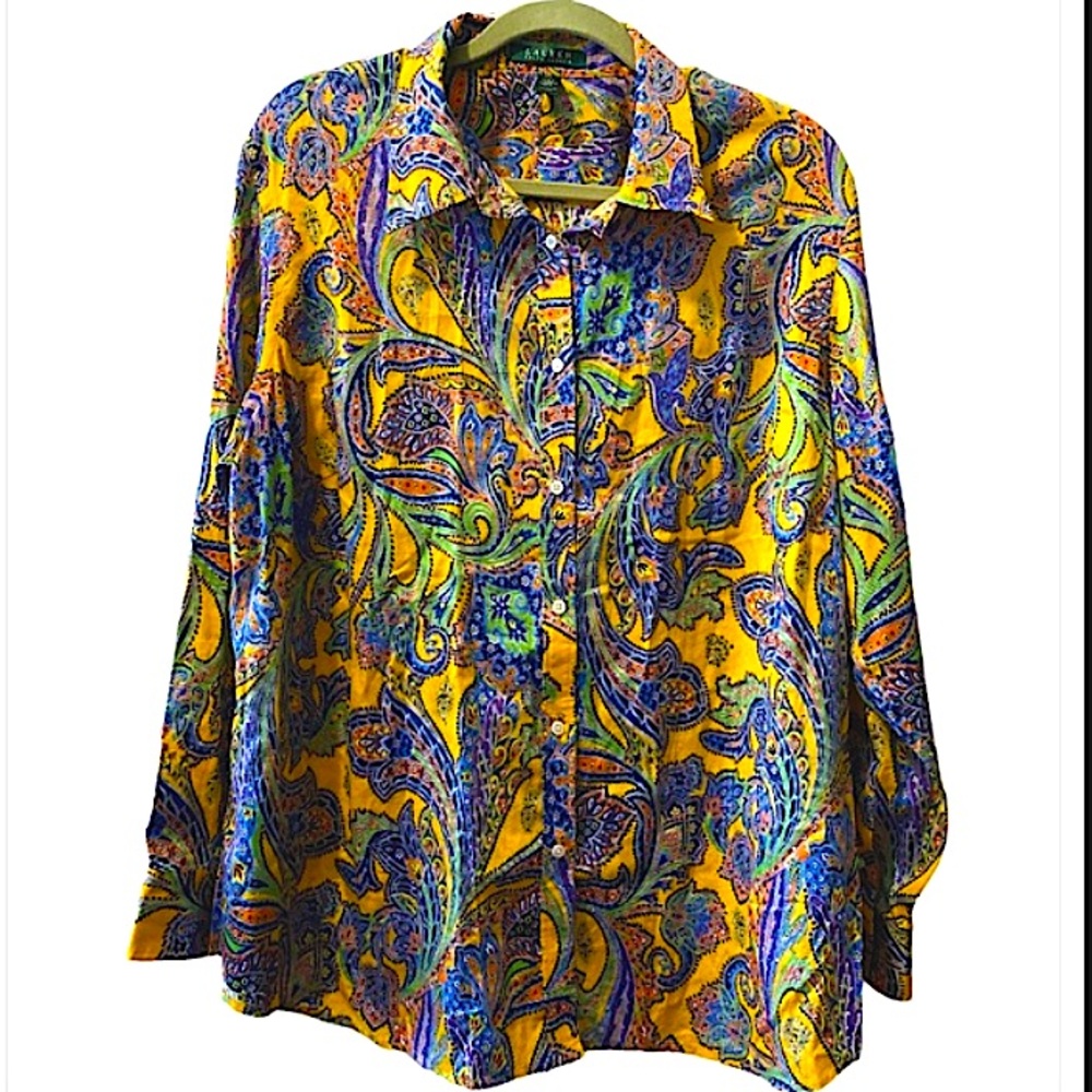Lauren Ralph Lauren 💯 Cotton Paisley Print Bottom Down T-shirt Size 2X